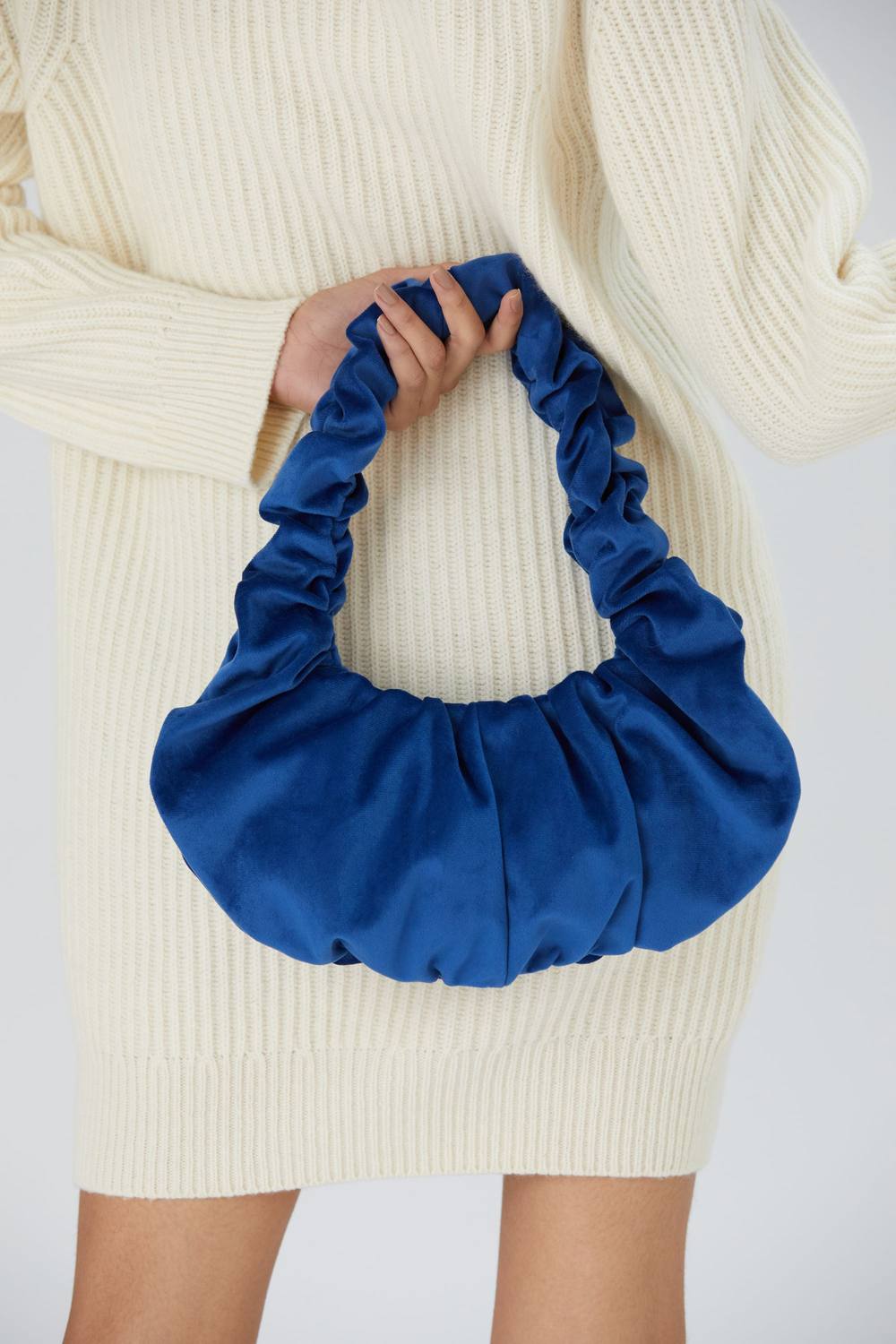 Belissh Women's Velvet Croissant Hand Bag in Navy