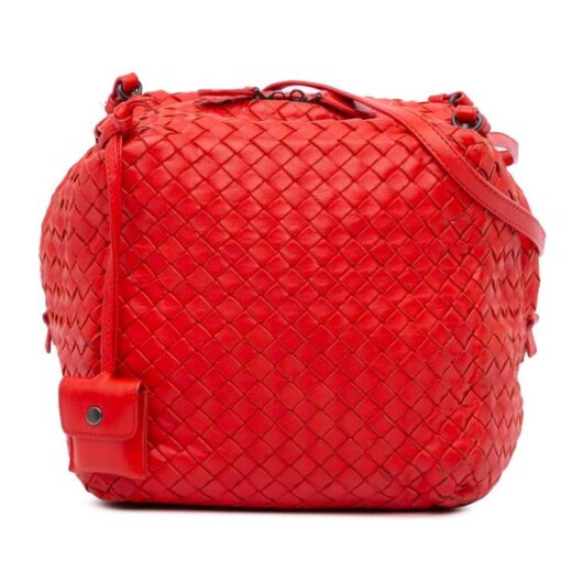Bottega Veneta Women's Preloved Handmade Knitted Leather Bucket Bag with Drawstring Closure in Red