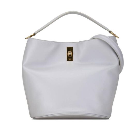 Celine Women's Preloved Triomphe Bucket Bag in Light Gray in Blue