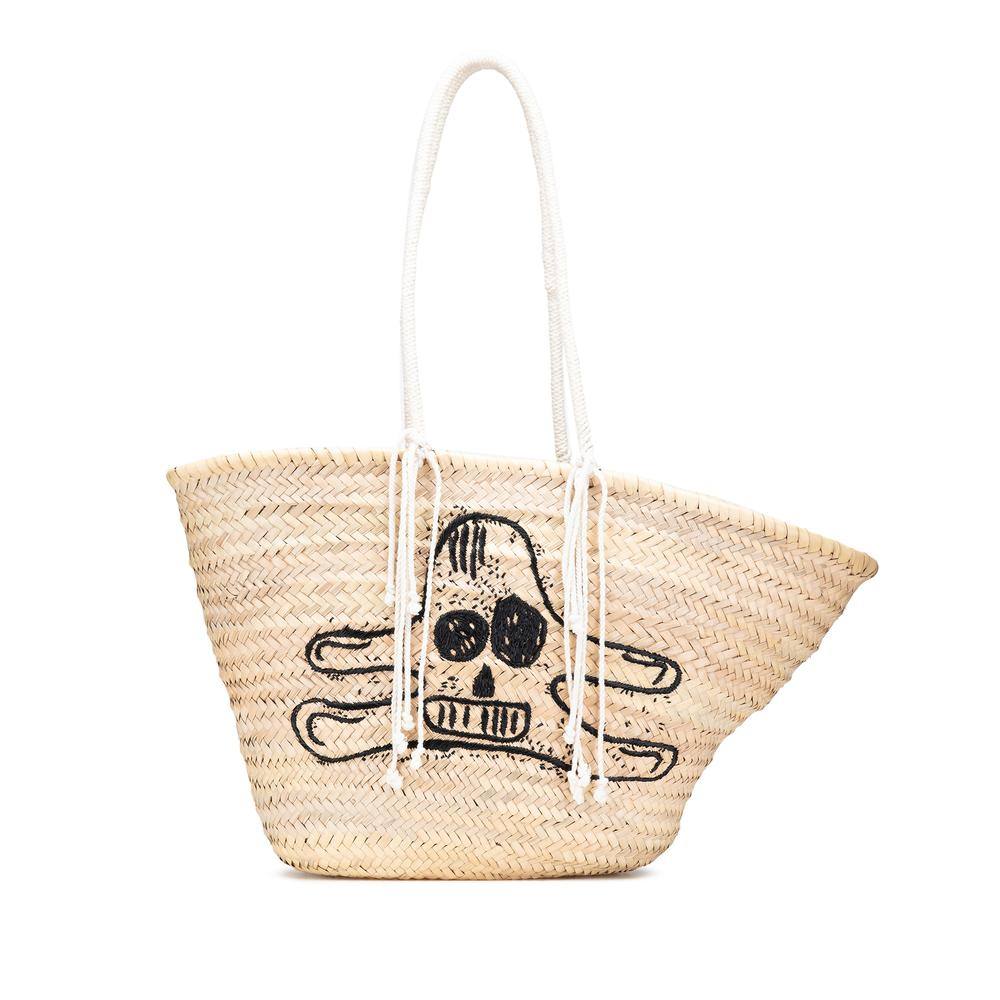 Celine Women's Preloved Woven Straw Tote with Novelty Graphic Open Top Tote Bag in Brown