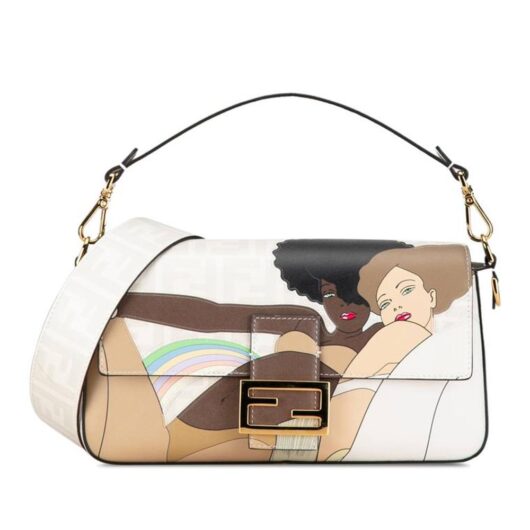 Fendi Women's Preloved Baguette Two Illustration Satchel in White