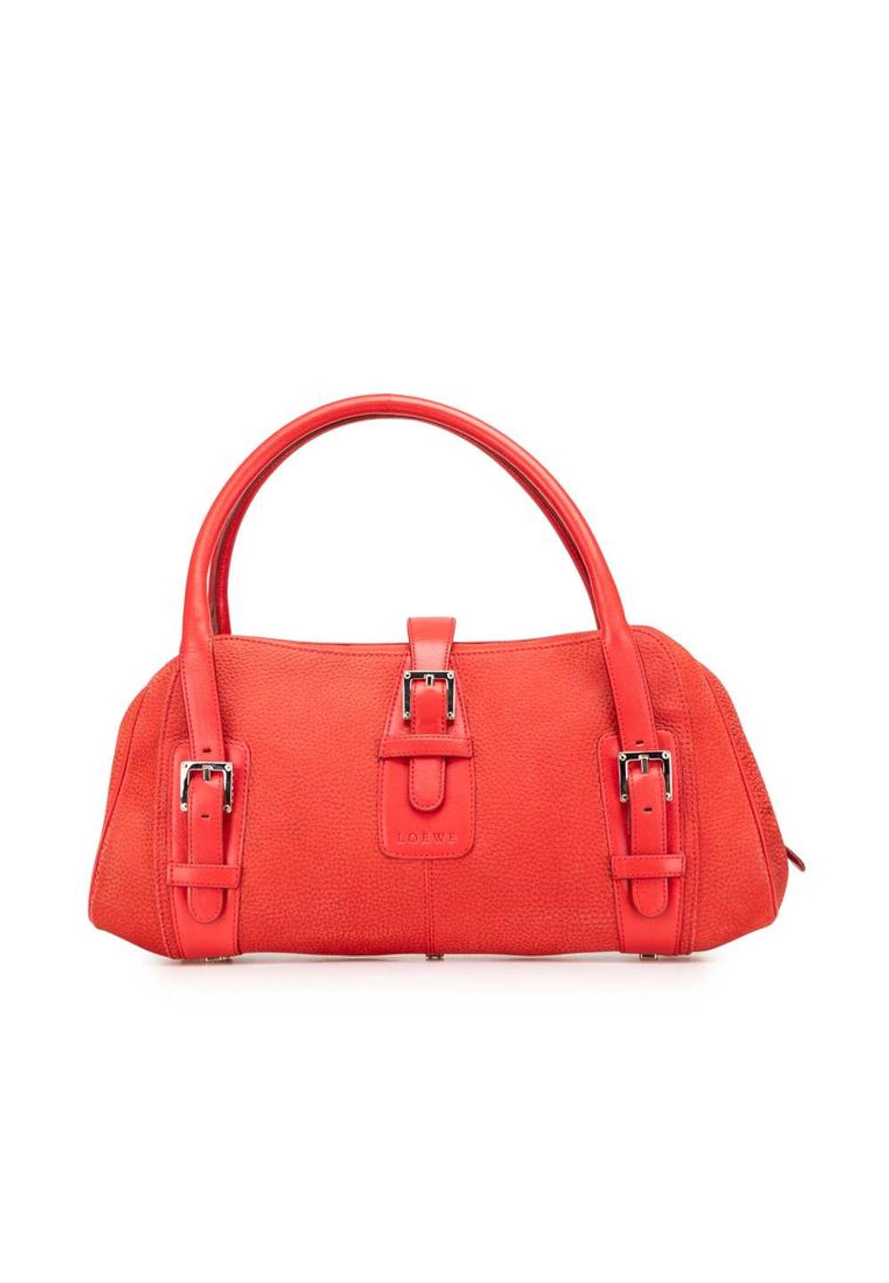 LOEWE Women's Preloved Elegant Leather Top Handle Bag with Buckle Details in Red