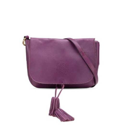 LOEWE Women's Preloved Elegant Tassel Accent Leather Shoulder Bag with Adjustable in Purple
