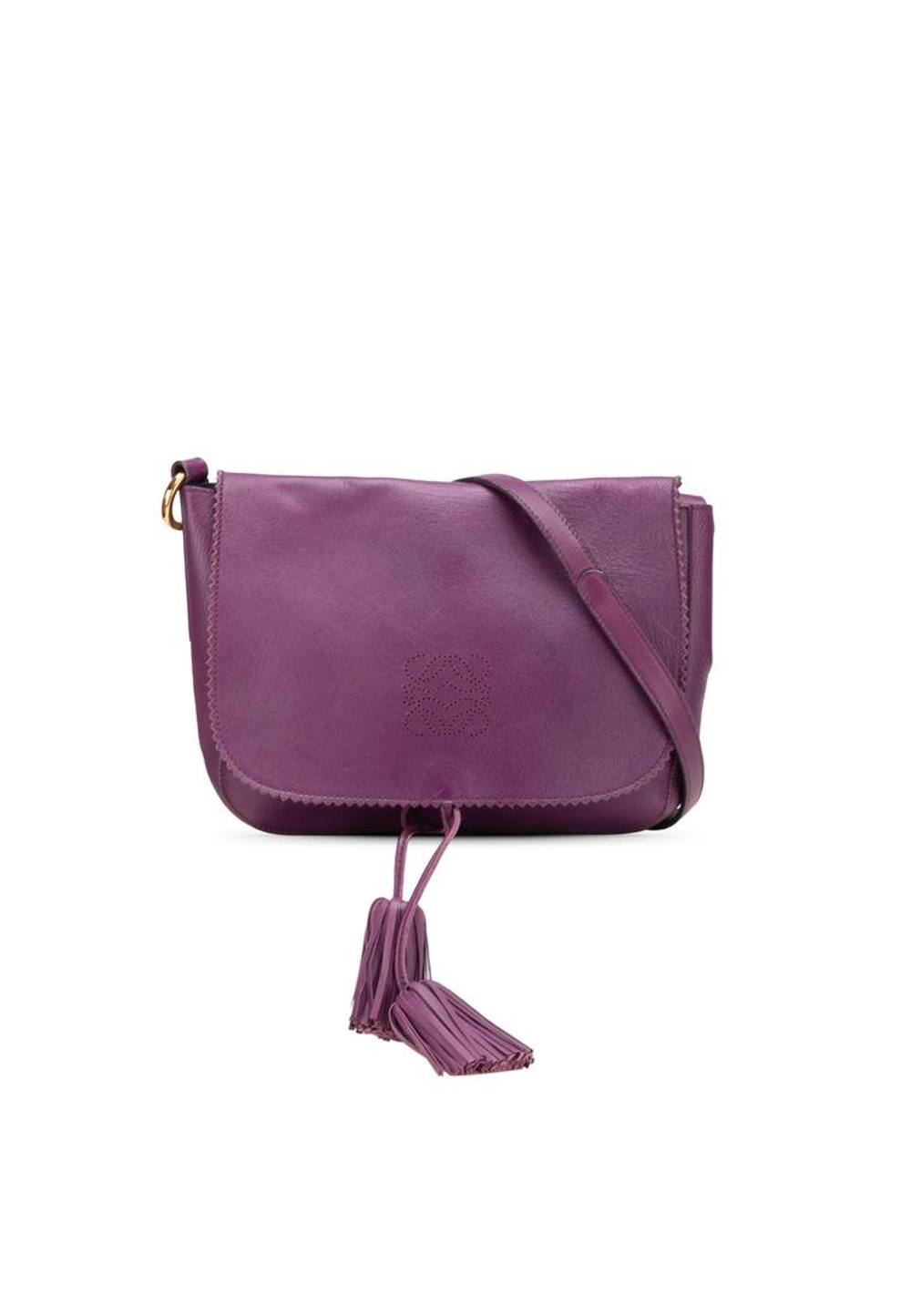 LOEWE Women's Preloved Elegant Tassel Accent Leather Shoulder Bag with Adjustable in Purple