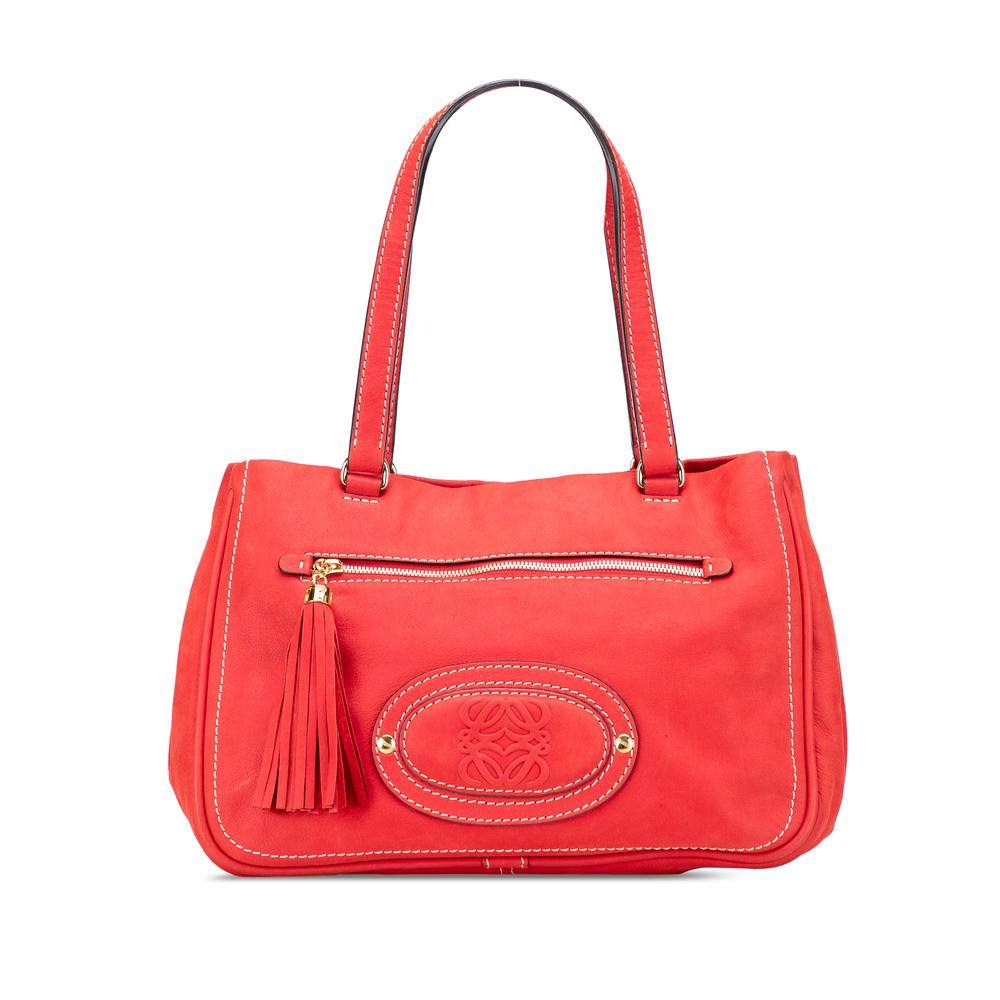 LOEWE Women's Preloved Leather Tote Bag with Tassel Accent and Zip Closure in Red