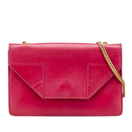 Saint Laurent Women's Preloved Elegant Leather Clutch with Chain Strap Versatile Handbag in Red
