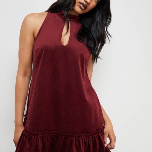 Warehouse Women's Bonded Velvet High Neck Mini Dress in Red | Size: 10