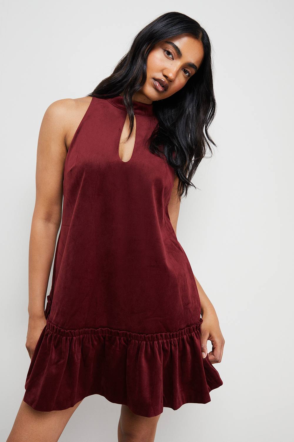 Warehouse Women's Bonded Velvet High Neck Mini Dress in Red | Size: 16