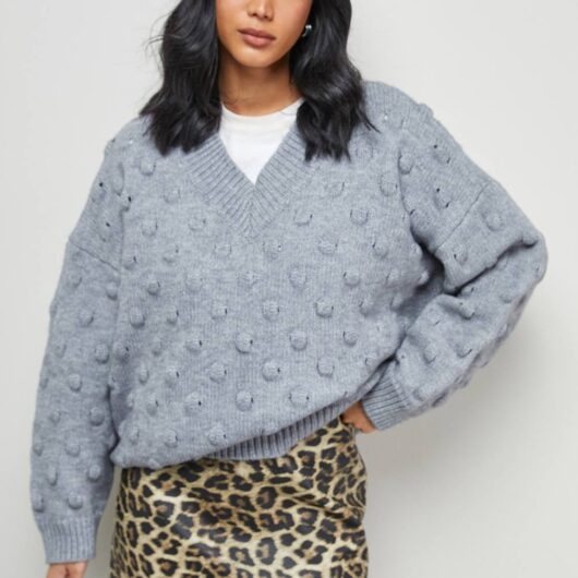 Warehouse Women's Bubble Knit Slouchy V Neck Jumper in Grey Marl | Size: Large