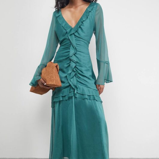 Warehouse Women's Chiffon Ruffle Gathered Bodice Midi Dress in Dark Green | Size: 10