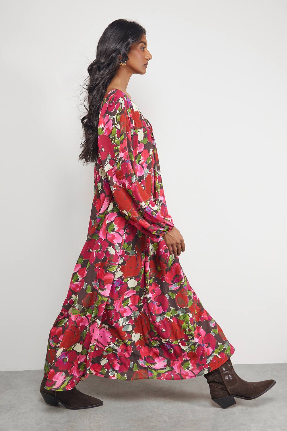 Warehouse Women's Chiffon Tie Front Volume Midi Smock Dress in Floral | Size: 12