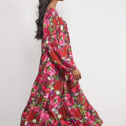Warehouse Women's Chiffon Tie Front Volume Midi Smock Dress in Floral | Size: 8
