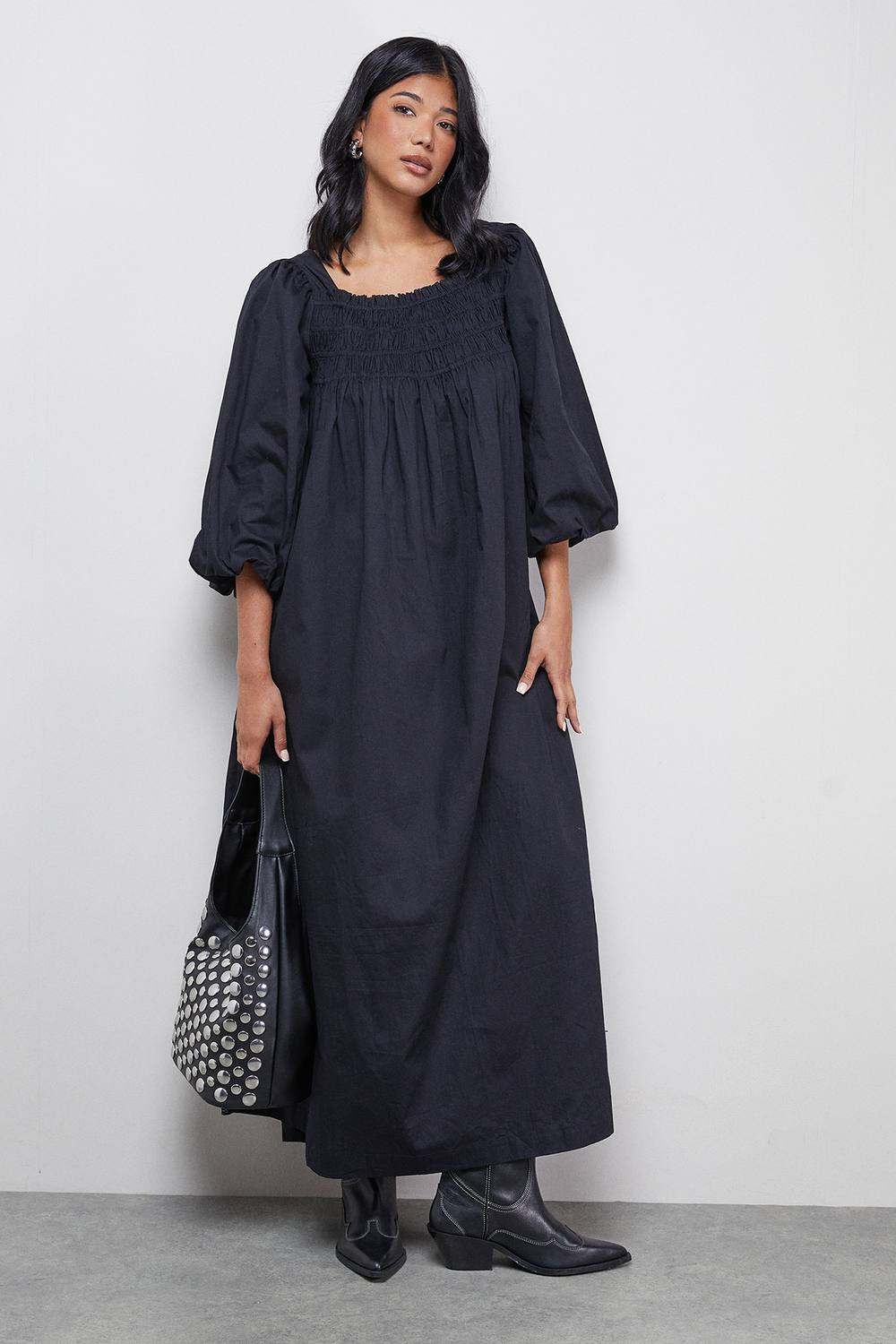 Warehouse Women's Cotton Shirred Square Neck Midi Dress in Black | Size: 10