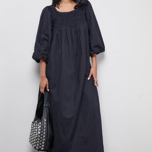 Warehouse Women's Cotton Shirred Square Neck Midi Dress in Black | Size: 8