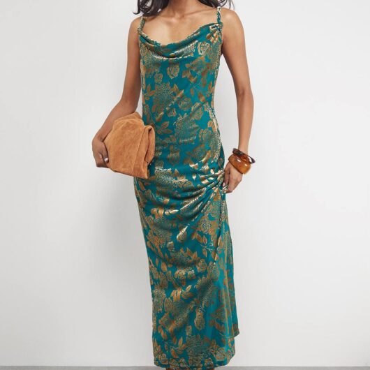 Warehouse Women's Devore Twist Cowl Neck Bias Midi Slip Dress in Green | Size: 12