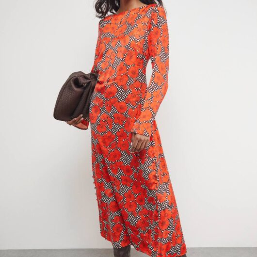 Warehouse Women's Floral Crinkle Satin Bias Button Side Midi Dress in Orange | Size: 8