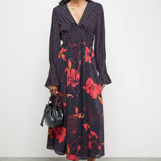 Warehouse Women's Mixed Print Chiffon Tie Detail Midi Tea Dress in Floral | Size: 10