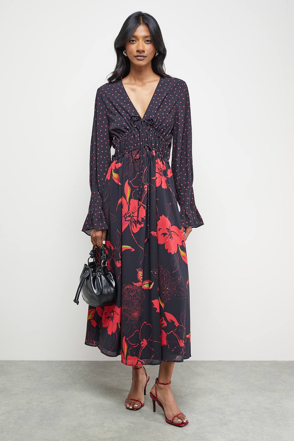 Warehouse Women's Mixed Print Chiffon Tie Detail Midi Tea Dress in Floral | Size: 10