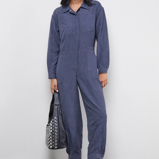 Warehouse Women's Petite Peach Satin Utility Boilersuit Jumpsuit in Slate | Size: 8