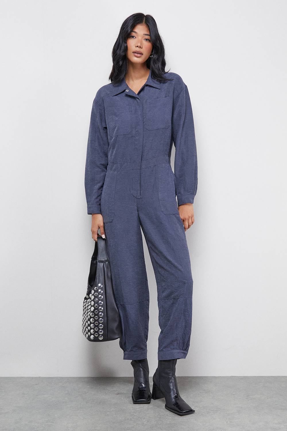 Warehouse Women's Petite Peach Satin Utility Boilersuit Jumpsuit in Slate | Size: 8