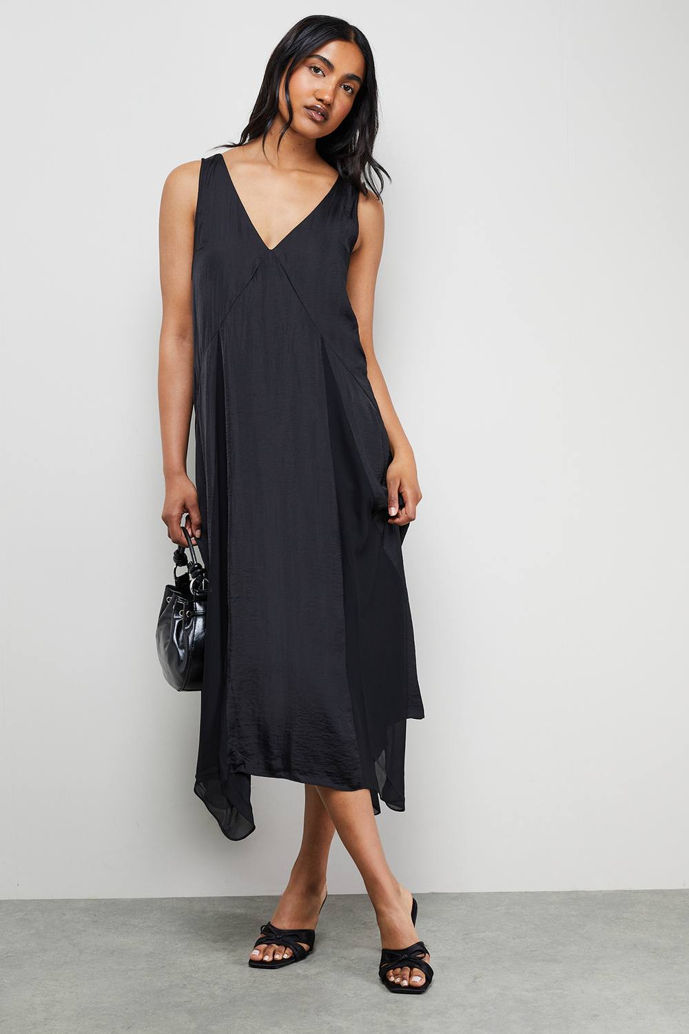 Warehouse Women's Satin Sleeveless Asymmetric Hem Chiffon Godet Midi Dress in Black | Size: 10