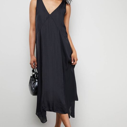 Warehouse Women's Satin Sleeveless Asymmetric Hem Chiffon Godet Midi Dress in Black | Size: 8