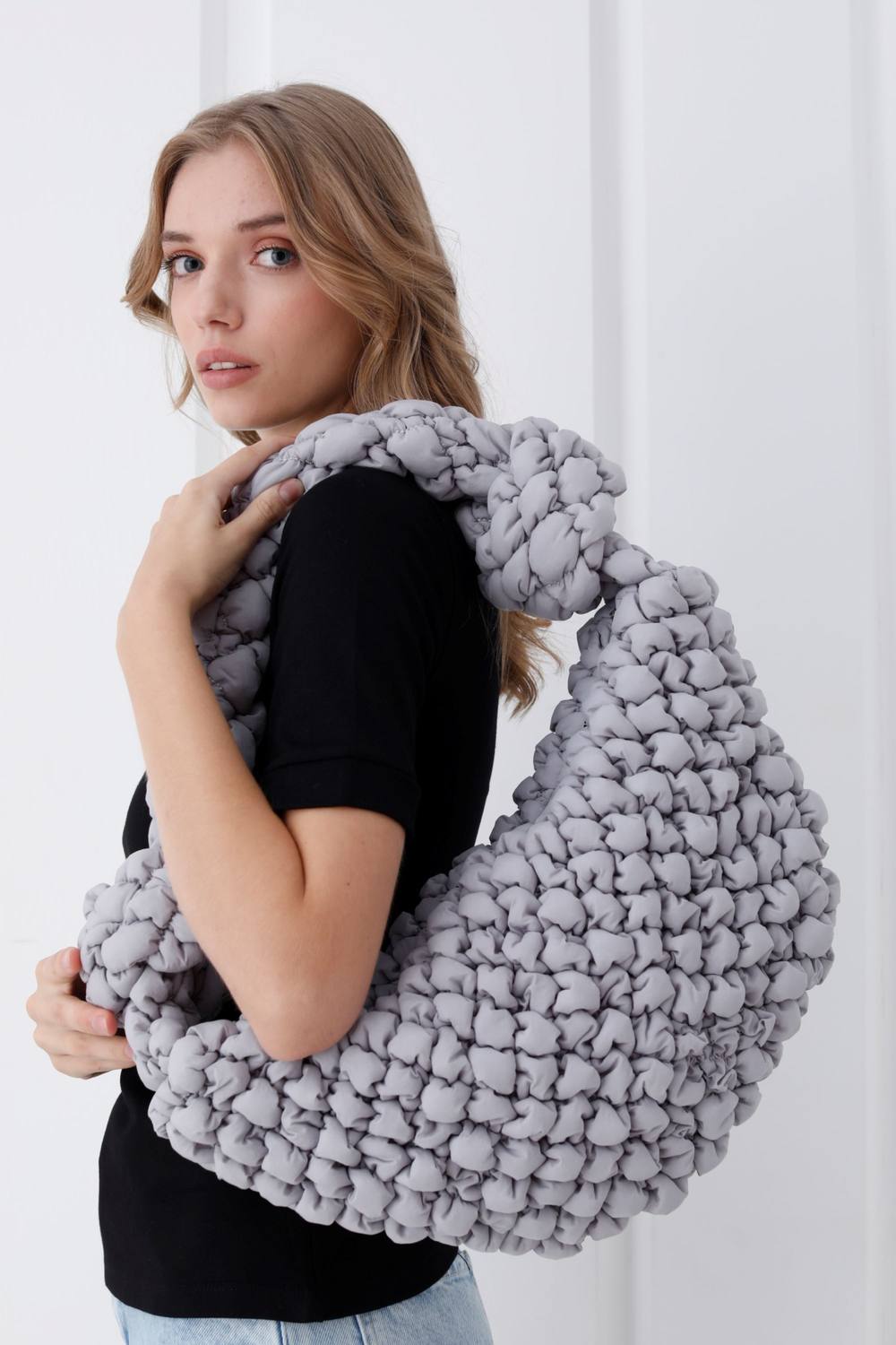 Belissh Women's 3d Quilted Nylon Shoulder Bag in Grey