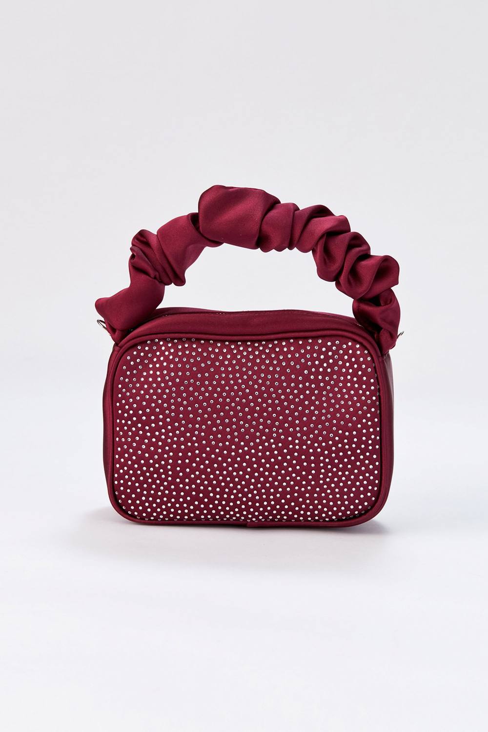 Belissh Women's Satin All Over Diamante Camera Bag in Burgundy