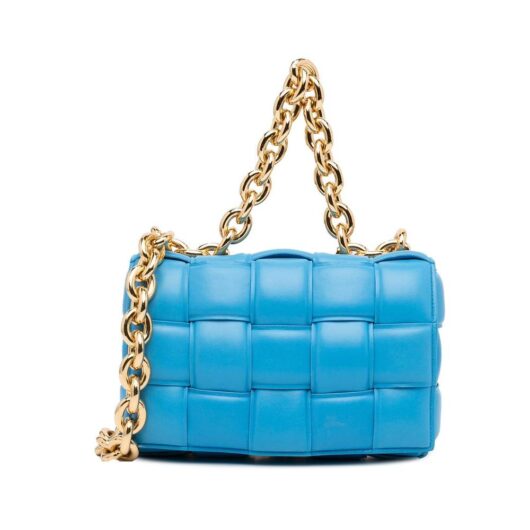 Bottega Veneta Women's Preloved Woven Design Leather Top Handle Chain Shoulder Bag in Blue