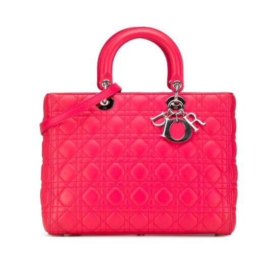 Dior Women's Preloved Large Lambskin Cannage Lady Satchel Bag in Pink
