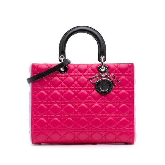 Dior Women's Preloved Large Tricolor Lambskin Cannage Lady Satchel Bag in Pink