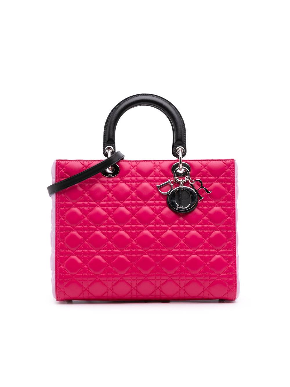 Dior Women's Preloved Large Tricolor Lambskin Cannage Lady Satchel Bag in Pink