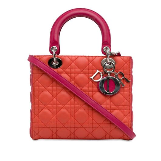 Dior Women's Preloved Medium Bicolor Lambskin Cannage Lady Satchel Bag in Orange