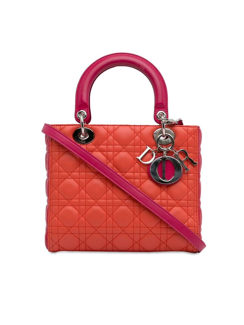 Dior Women's Preloved Medium Bicolor Lambskin Cannage Lady Satchel Bag in Orange