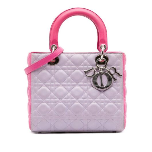 Dior Women's Preloved Medium Bicolor Lambskin Cannage Lady Satchel Bag in Purple