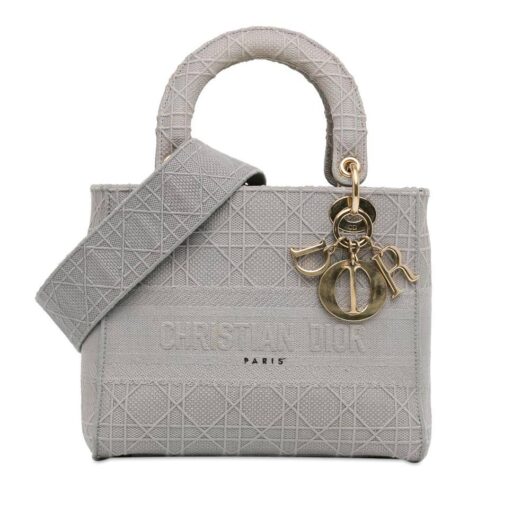 Dior Women's Preloved Medium Canvas Cannage Lady D Lite Satchel Bag in Grey