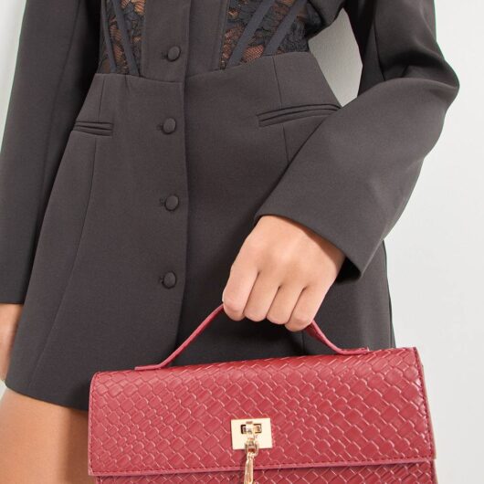 MISSPAP Women's Faux Leather Woven Grab Bag in Burgundy