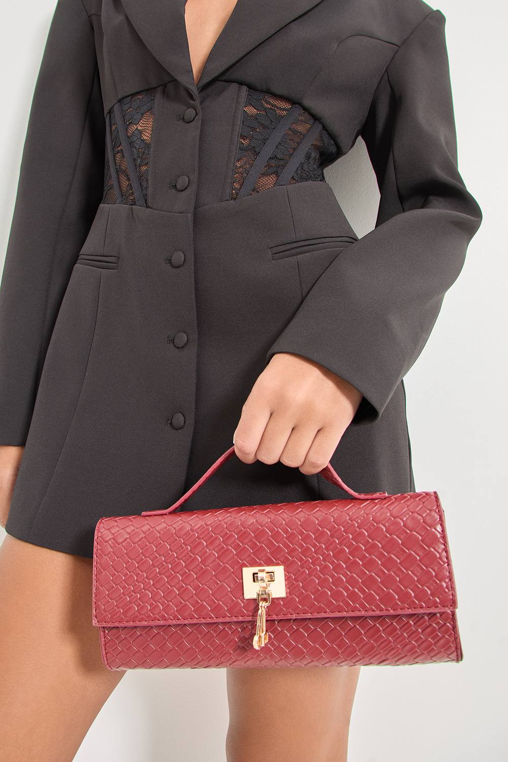 MISSPAP Women's Faux Leather Woven Grab Bag in Burgundy