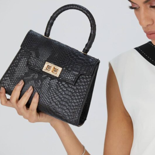 Belissh Women's Reptile Textured Vegan Grab Bag with Crossbody Straps in Black