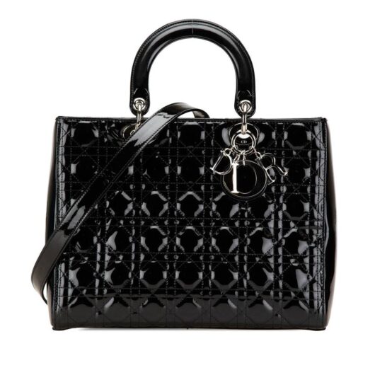 Dior Women's Preloved Large Patent Cannage Lady Bag in Black