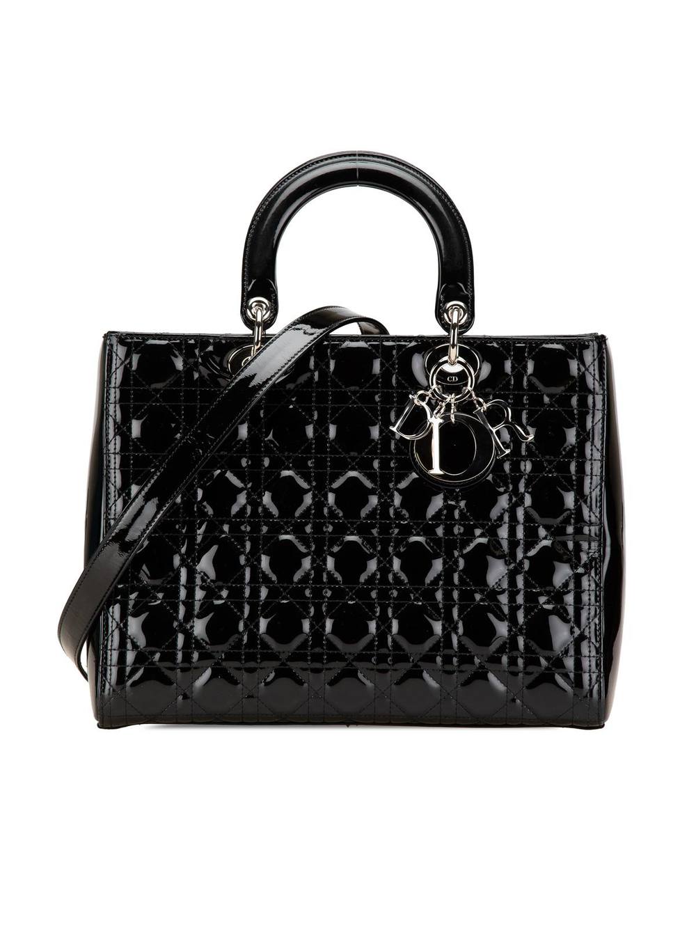 Dior Women's Preloved Large Patent Cannage Lady Bag in Black