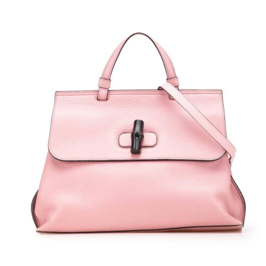 Gucci Women's Preloved Medium Leather Bamboo Daily Satchel Bag in Pink