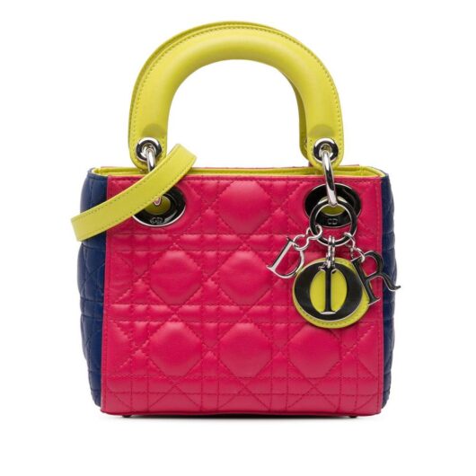 Dior Women's Preloved Mini Tricolor Lambskin Cannage Lady Bag in Pink