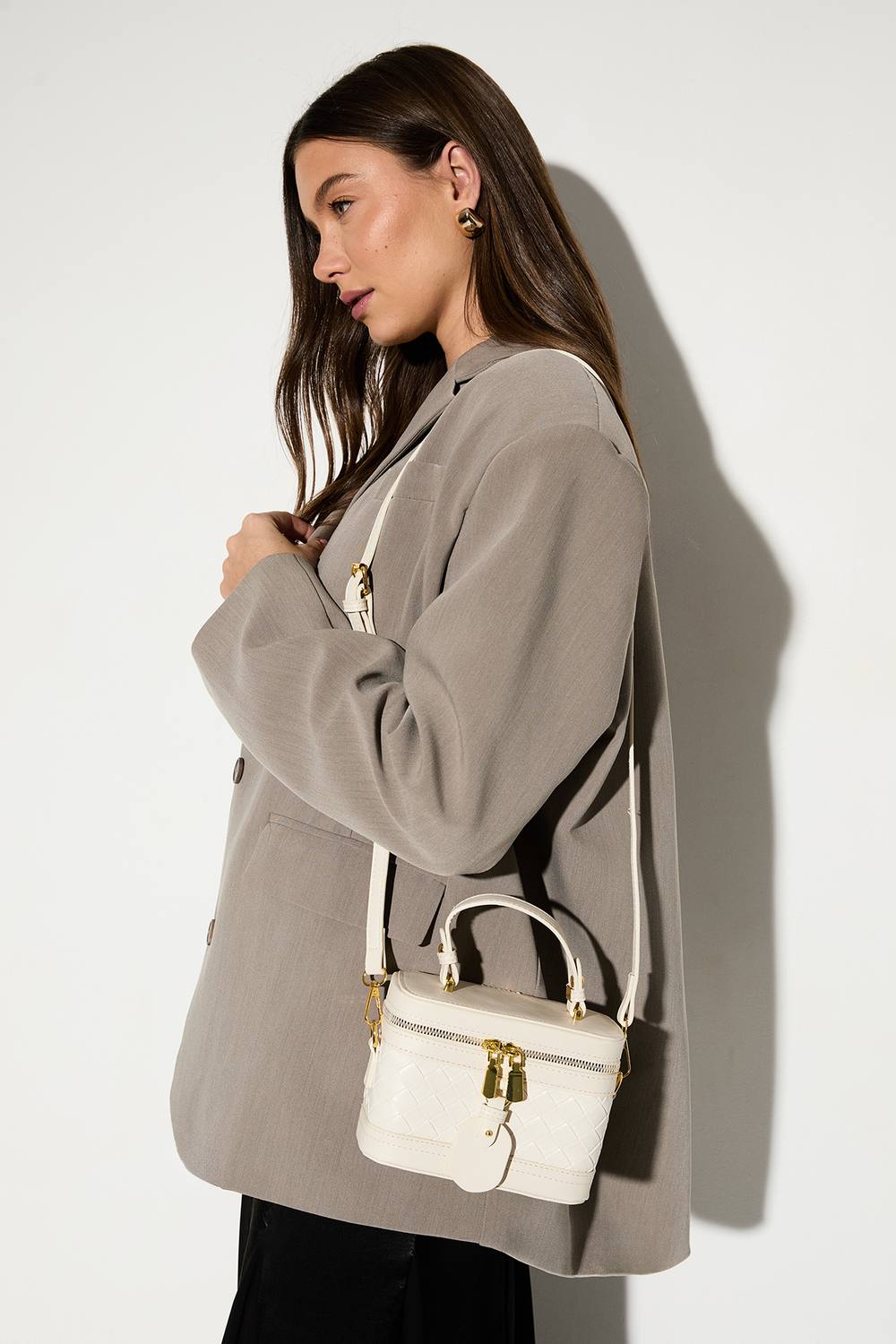 MISSPAP Women's Faux Leather Quilted Vanity Bag With Crossbody Strap in Cream