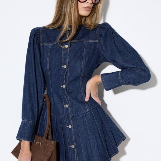 MISSPAP Women's Premium Denim Pleat Hem Balloon Sleeve Dress in Authentic Midwash | Size: 12