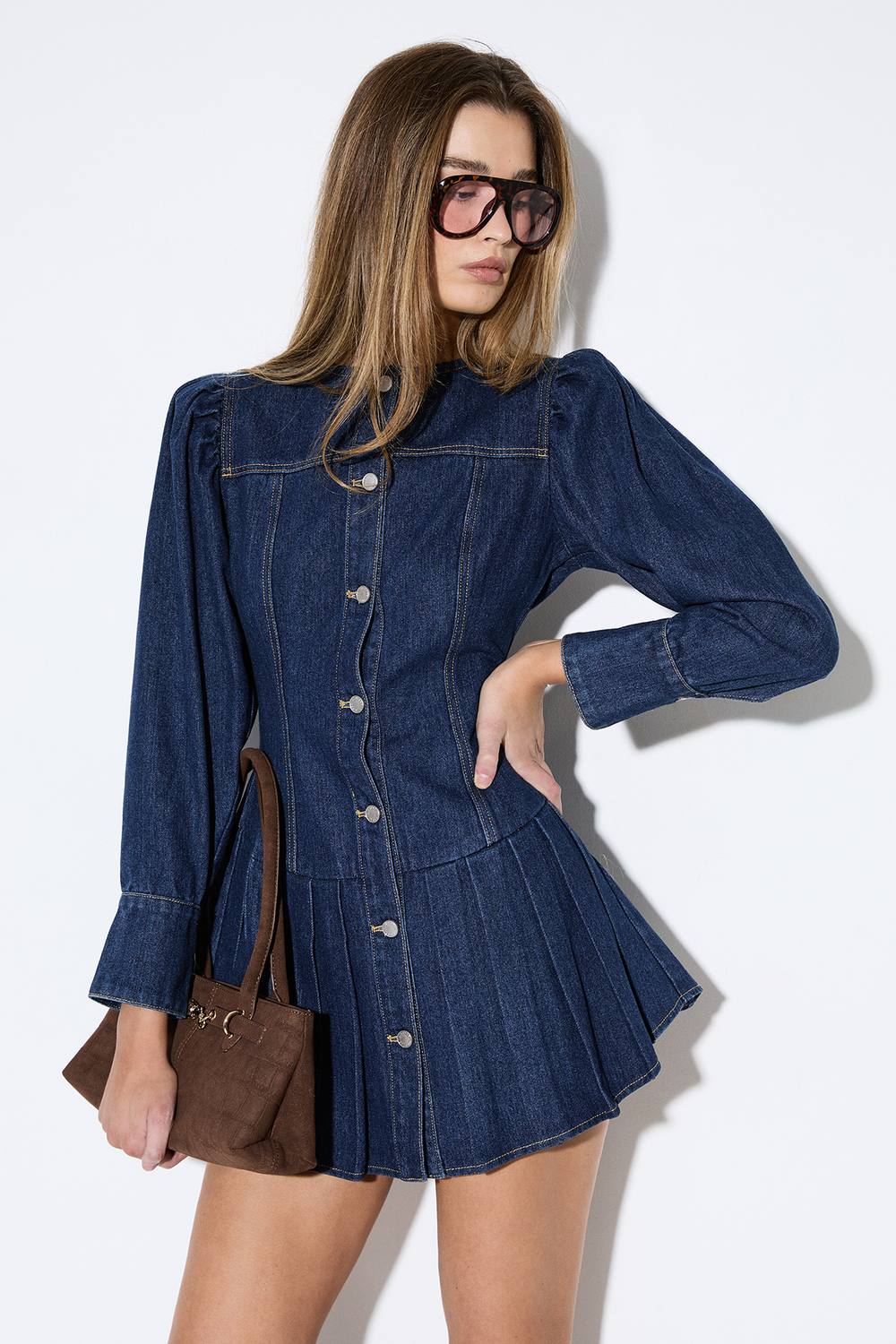 MISSPAP Women's Premium Denim Pleat Hem Balloon Sleeve Dress in Authentic Midwash | Size: 12