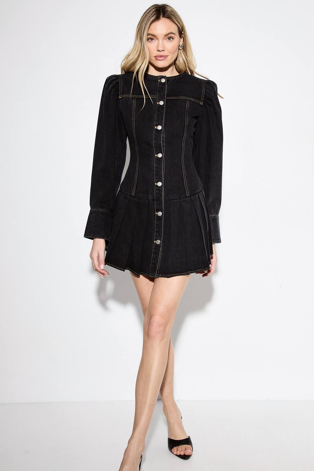 MISSPAP Women's Premium Denim Pleat Hem Balloon Sleeve Dress in Washed Black | Size: 12
