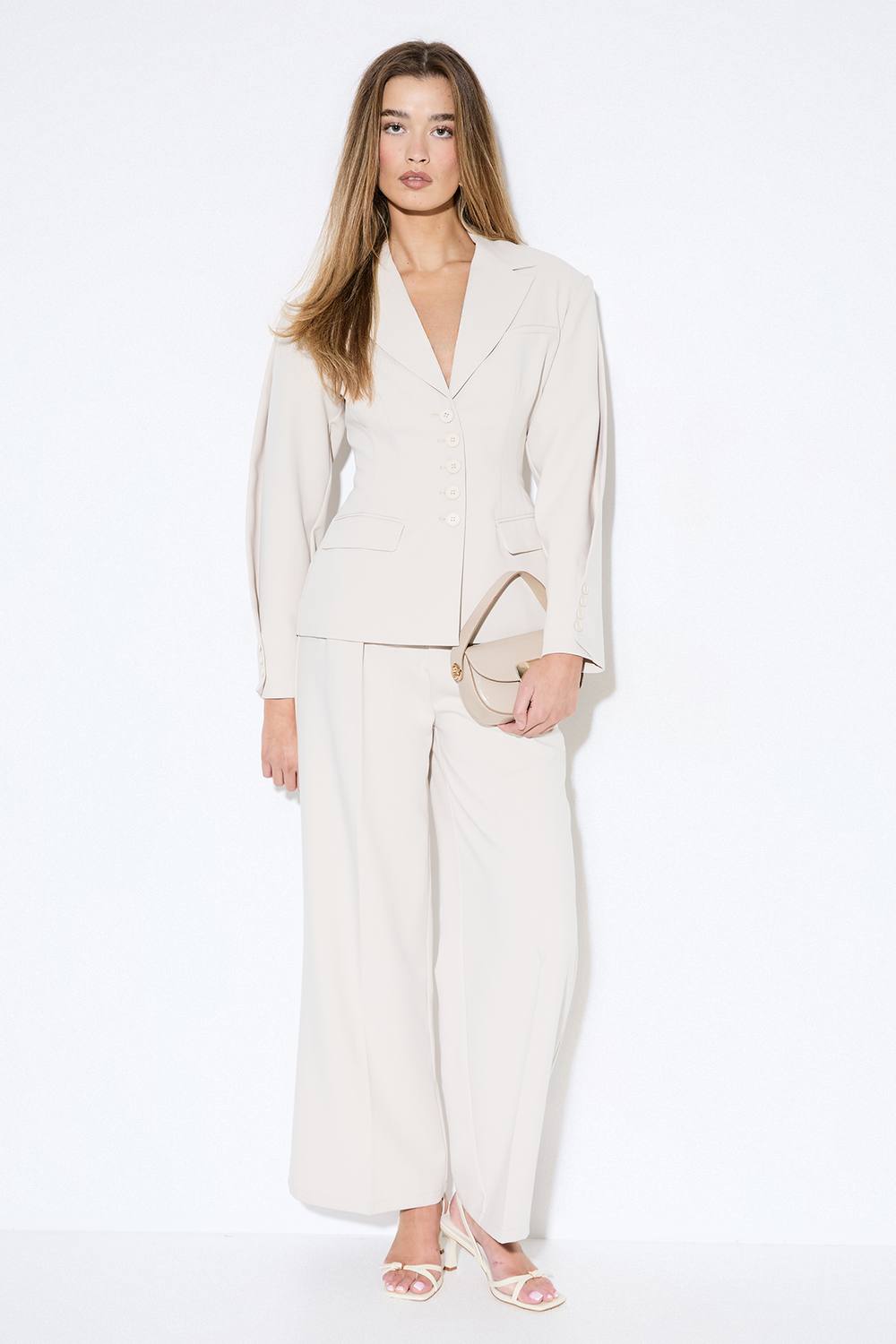 MISSPAP Women's Premium Pleated Sleeve Blazer in Cream | Size: 8