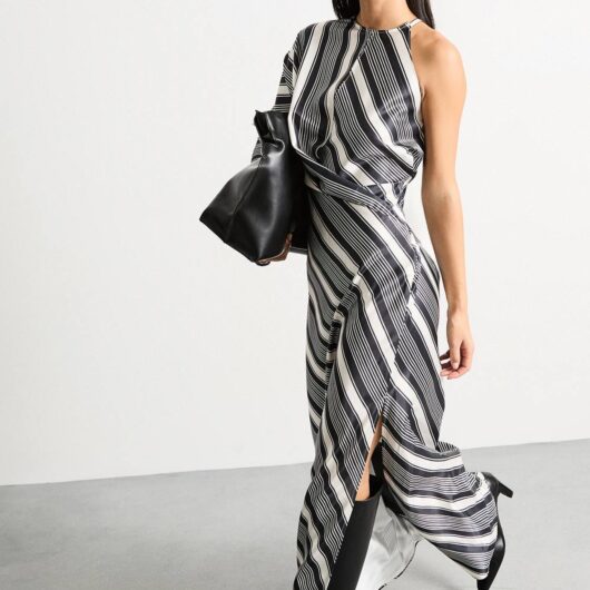 Warehouse Women's Petite Printed One Shoulder Twist Front Keyhole Satin Maxi Dress in Stripe | Size: 14