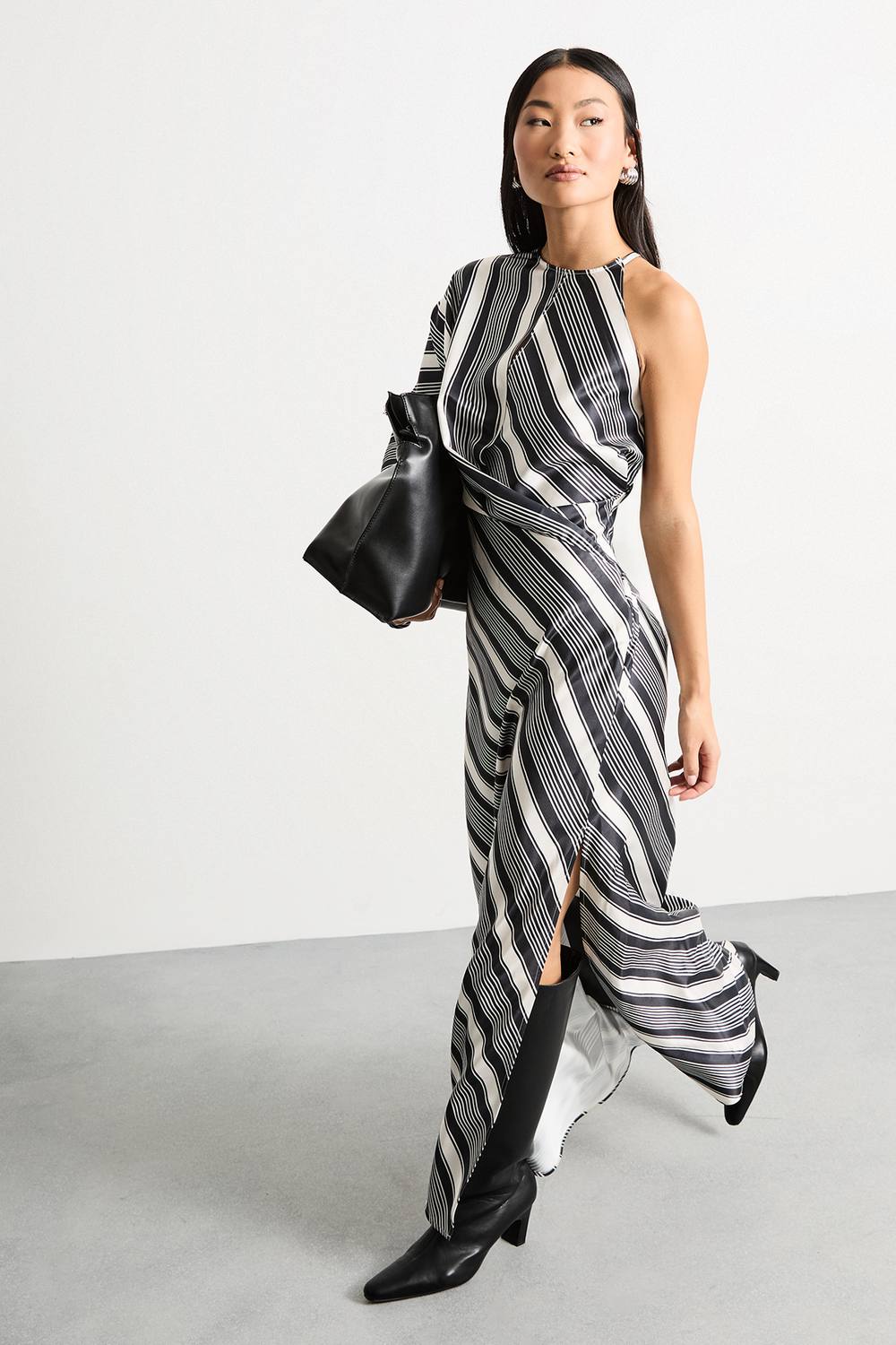 Warehouse Women's Petite Printed One Shoulder Twist Front Keyhole Satin Maxi Dress in Stripe | Size: 6
